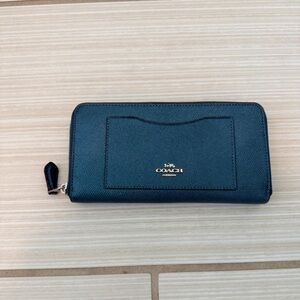 Coach Teal Metallic Zip Around Leather Wallet